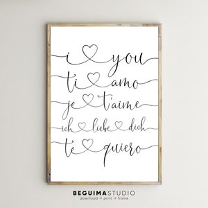 Te amo, diferentes idiomas, impresión de pareja, arte de pared, decoración de dormitorio, letrero para habitación infantil, arte para sobre la cama, cita, póster, amantes, imprimible, descarga digital