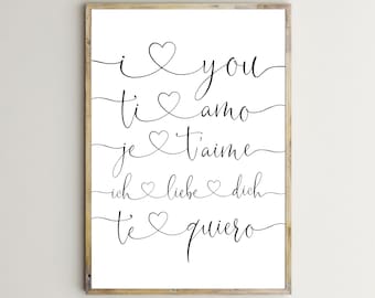 Ich Liebe Dich, Verschiedene Sprachen, Paar Druck, Kunst, Schlafzimmer Dekor, Kinderzimmer Zeichen, Über dem Bett Kunst, Zitat, Poster, Liebende, Druckbar, Digital Download