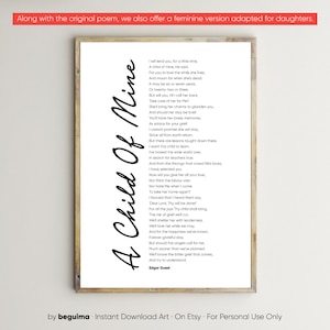 Puede incluir: Un poema imprimible en blanco y negro titulado "A Child of Mine" de Edgar Guest. El poema trata sobre un padre que presta un hijo a otra persona para que lo cuide. El poema est&aacute; enmarcado en un marco blanco.