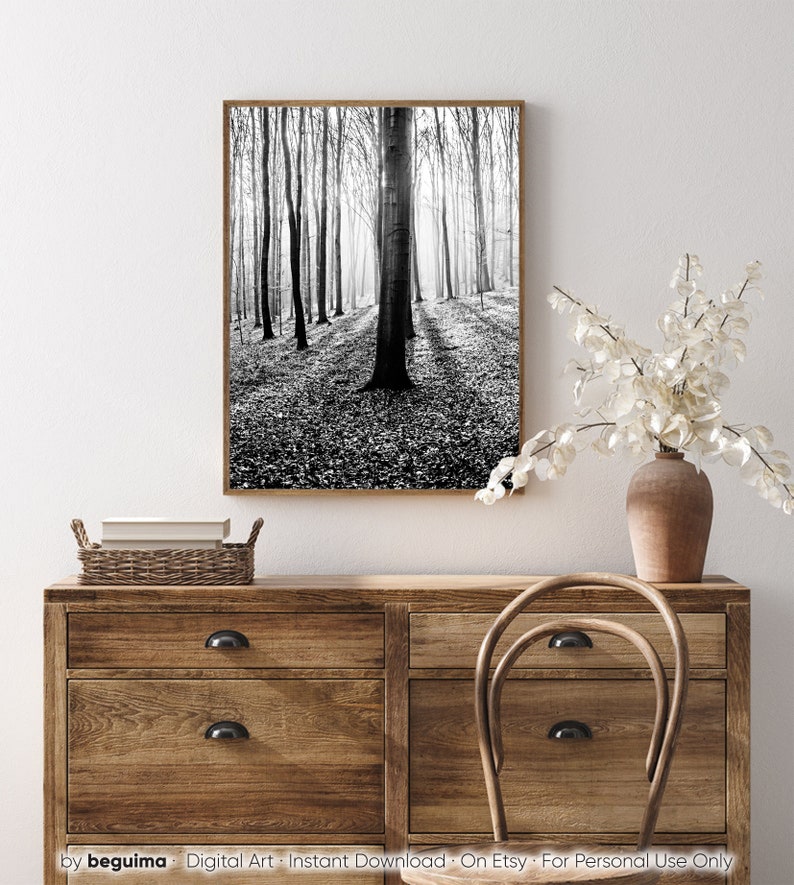 Impresión del bosque, arte de la pared de los árboles, imprimible, fotografía de la naturaleza, bosque, blanco y negro, foto, maderas, imagen, paisaje, decoración de la pared, digital, descargar imagen 3