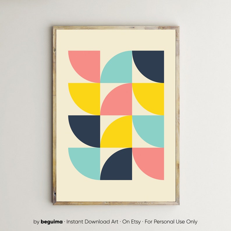 Puede incluir: L&aacute;mina de arte geom&eacute;trico enmarcada. La obra presenta un patr&oacute;n de semic&iacute;rculos de colores rosa, amarillo, turquesa y azul marino sobre un fondo crema. El texto "by beguima" est&aacute; en la parte inferior. Una pieza moderna para la decoraci&oacute;n del hogar.