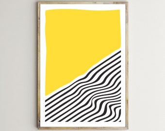 Yellow Wall Art,Abstract Art Print,Geometric Poster,Black Wavy Lines,Stripes,Bars,Color Block,Printable,Mid Century Modern,Digital Download