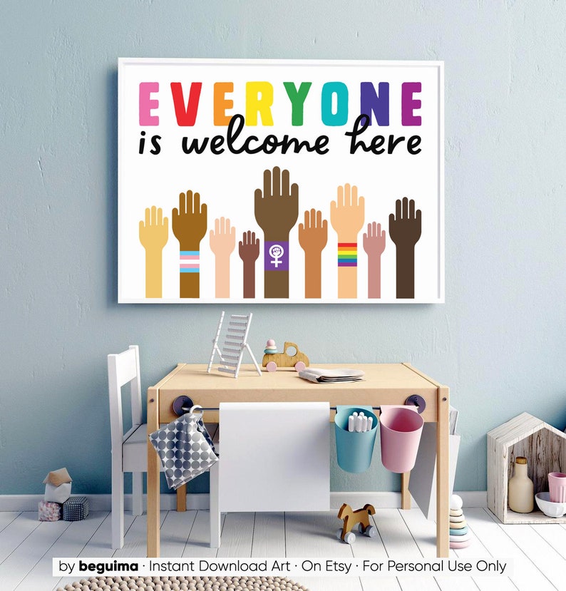 May include: A white poster with the text "EVERYONE is welcome here" in rainbow colours. The poster features a row of raised hands of different skin tones, each with a different pride flag bracelet.