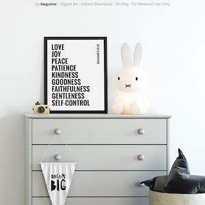 May include: A black and white printable wall art print with the text "LOVE, JOY, PEACE, PATIENCE, KINDNESS, GOODNESS, FAITHFULNESS, GENTLENESS, SELF-CONTROL" and the scripture reference "GALATIANS 5:22-23".