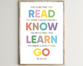 The More That You Read The More Things You Will Know The More That You Learn The More Places You'll Go,Quotes,Wall Art Prints,Nursery,Kids