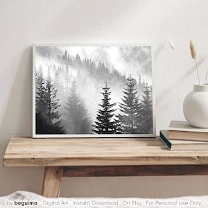 May include: A black and white photograph of a misty forest with tall pine trees. The fog is thick and creates a sense of mystery and peace.