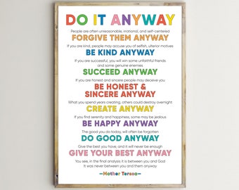 Mother Teresa Print,Do It Anyway,Inspirational Quotes,Poster,Wall Decor,Printable Wall Art,Inspiring Words,Typography,Text,Digital Download