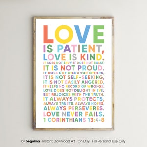 Liefde is geduldig, liefde is vriendelijk, 1 Korintiërs 13:4-8, bijbeltekst voor kinderen, christelijke prenten, afdrukbare muurkunst, poster, Schrift, zondagsschool