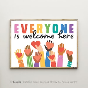 Todos son bienvenidos aquí, Impresión de igualdad, Arte mural sobre diversidad, Inclusión, Decoración del aula, Maestro, Imprimible, Racismo, Póster, Espacio seguro, Niño, Descarga