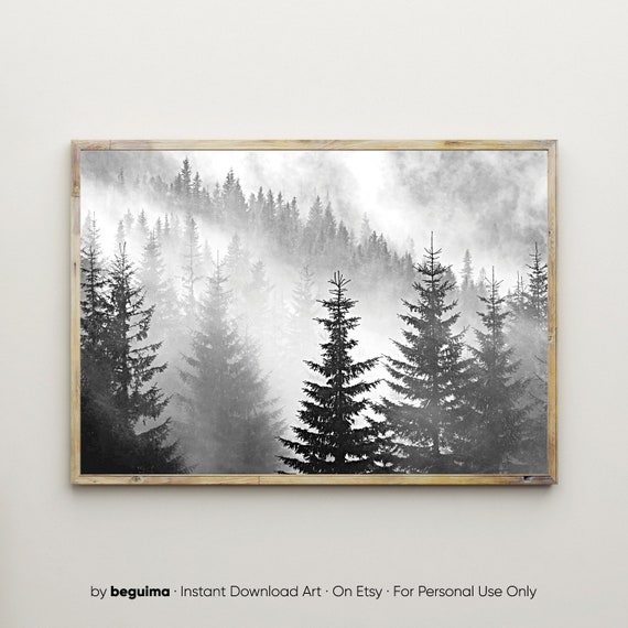 Forest Prints,Foggy Landscape,Woodland,Woods,Nature Photography,Cedar Trees,Black & White,Printable Wall Art,Home Decor,Digital Download