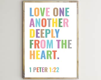Inspirational Bible Verse Prints,Love One Another,1 Peter 1:22,Christian Wall Art Kids Scriptures Multicolor Poster Classroom Decor Download