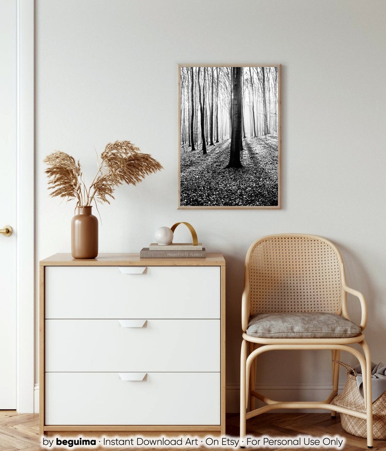 Impresión del bosque, arte de la pared de los árboles, imprimible, fotografía de la naturaleza, bosque, blanco y negro, foto, maderas, imagen, paisaje, decoración de la pared, digital, descargar imagen 6