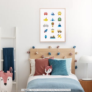 May include: A framed print featuring colorful illustrations of various vehicles, including a car, boat, bus, submarine, airplane, and more. The artwork is displayed above a bed with pillows and a stuffed fox.