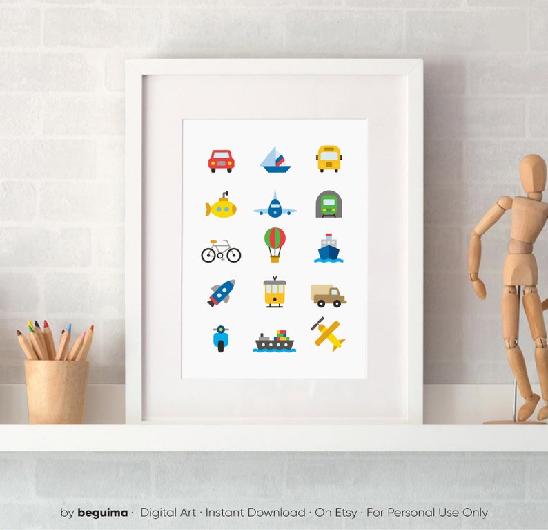 May include: A framed print featuring colorful, flat illustrations of various modes of transportation. Includes a red car, sailboat, yellow submarine, airplane, bus, train, bicycle, hot air balloon, ship, rocket, trolley, truck, scooter, cruise ship, and airplane.