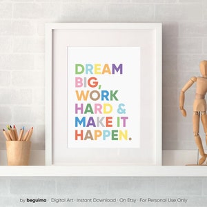 May include: A motivational quote in a colorful font on a white background. The quote reads "DREAM BIG, WORK HARD & MAKE IT HAPPEN."