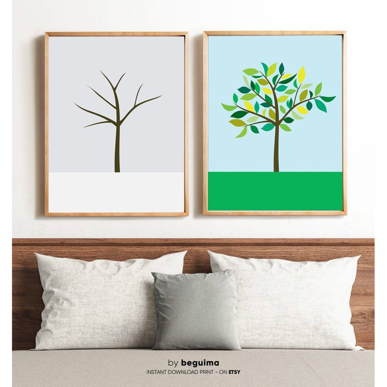 Set Of 2 Botanical Prints Tree Wall Art Landscape Illustration Four Seasons Winter Spring Printable Poster Nursery Diptych Digital Download