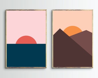 Arte mural de paisajes, amanecer, atardecer, juego de 2 láminas, mar, pósteres, océano, montañas, imprimible, geométrico, abstracto, moderno, minimalista, descarga.