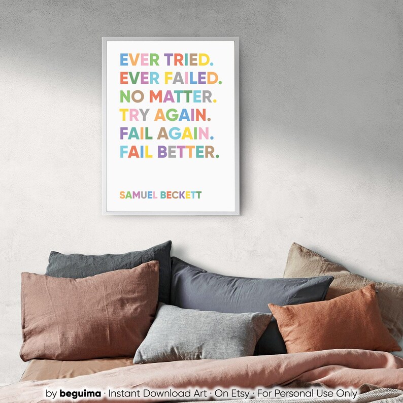 Inspirational Quote Prints,Samuel Beckett,Motivation Phrase,Try Again,Fail Better,Printable Wall Art,Classroom Decor,Poster,Digital Download