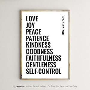 May include: A black and white printable wall art print with the text "GALATIANS 5:22-23" and the words "LOVE, JOY, PEACE, PATIENCE, KINDNESS, GOODNESS, FAITHFULNESS, GENTLENESS, SELF-CONTROL" in a vertical list.