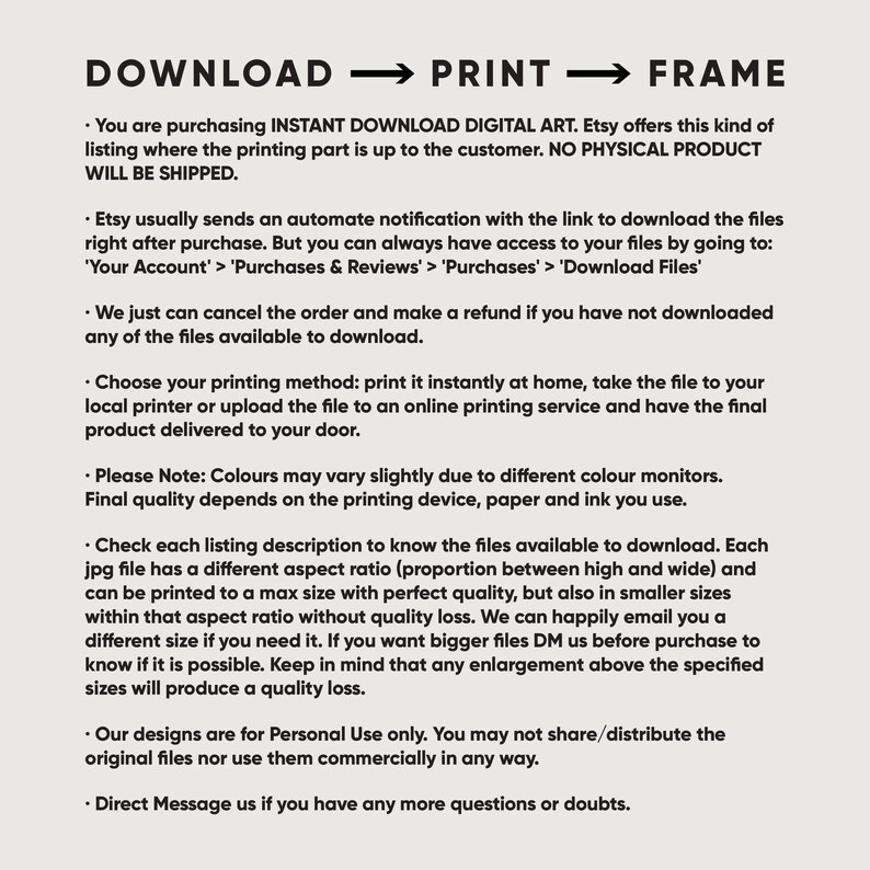 May include: Text-based digital art listing information. The image features the words "DOWNLOAD," "PRINT," and "FRAME" at the top, with detailed instructions about the digital art purchase process, including download, printing, and personal use guidelines.