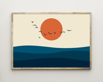 Sea Wall Art Ocean Prints Sunset Posters Flock Of Birds Flying Landscape Design Orange Sun Printable Sunrise Geometric Minimalist Download
