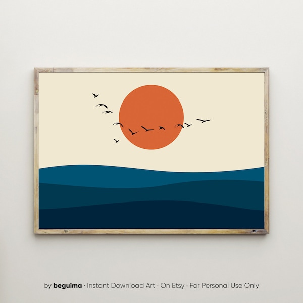 Sea Wall Art,Ocean Prints,Sunset Print,Sea Posters,Flock Of Birds Flying,Sunrise,Orange Sun,Geometric Landscape,Printable,Digital Download