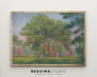 Vintage Wandkunst, Landschaftsmalerei, Frühlingsdrucke, Bäume, Wald, Gras, Park, Landschaft, bedruckbar, Hauswanddekor, digitaler Download