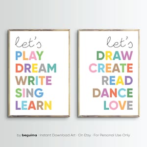 Juego de 2 impresiones para decoración de aulas, citas para niños, arte de pared para guardería, "Vamos a jugar", "Vamos a leer", carteles para habitaciones de niños pequeños, letreros para niños