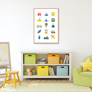 May include: A framed print featuring colorful, cartoon illustrations of various vehicles, including a car, boat, bus, submarine, airplane, train, bicycle, hot air balloon, ship, rocket, trolley, truck, scooter, ferry, and airplane. The print is displayed in a child's room.