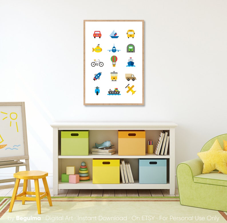 May include: A framed print featuring colorful, cartoon illustrations of various vehicles, including a car, boat, bus, submarine, airplane, train, bicycle, hot air balloon, ship, rocket, trolley, truck, scooter, ferry, and airplane. The print is displayed in a child's room.