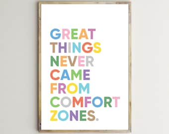 Great Things Never Came From Comfort Zones,Motivation Print,Inspirational Poster,Quotes For Kids,Printable Wall Art,Classroom Decor,Download