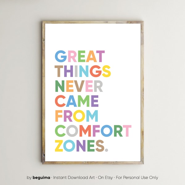 Great Things Never Came From Comfort Zones,Motivation Print,Inspirational Poster,Quotes For Kids,Printable Wall Art,Classroom Decor,Download