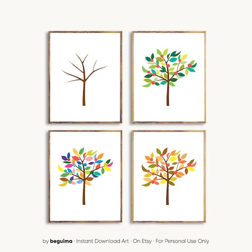 Set Of 2 Botanical Prints Tree Wall Art Landscape Illustration Four Seasons Winter Spring Printable Poster Nursery Diptych Digital Download