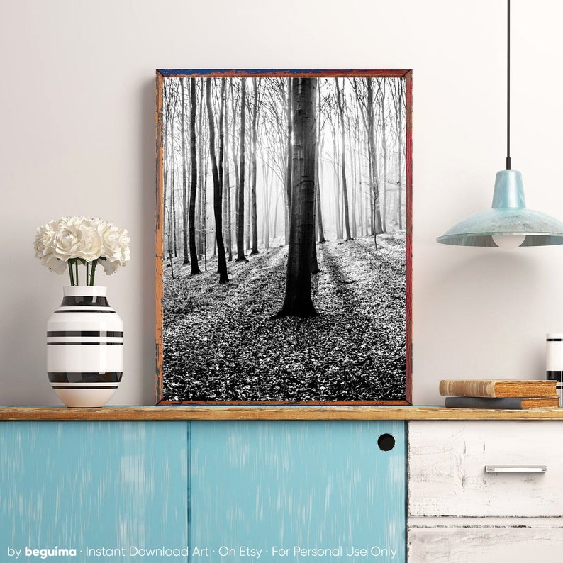 Impresión del bosque, arte de la pared de los árboles, imprimible, fotografía de la naturaleza, bosque, blanco y negro, foto, maderas, imagen, paisaje, decoración de la pared, digital, descargar imagen 7