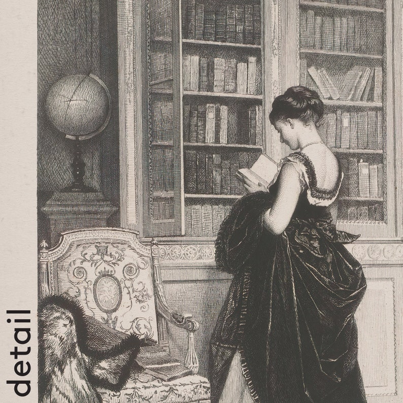 Peut inclure: Illustration en noir et blanc d'une femme lisant dans une biblioth&egrave;que. L'image pr&eacute;sente un globe, une chaise d&eacute;corative et une biblioth&egrave;que remplie de livres. La femme porte une robe et tient un livre ouvert.