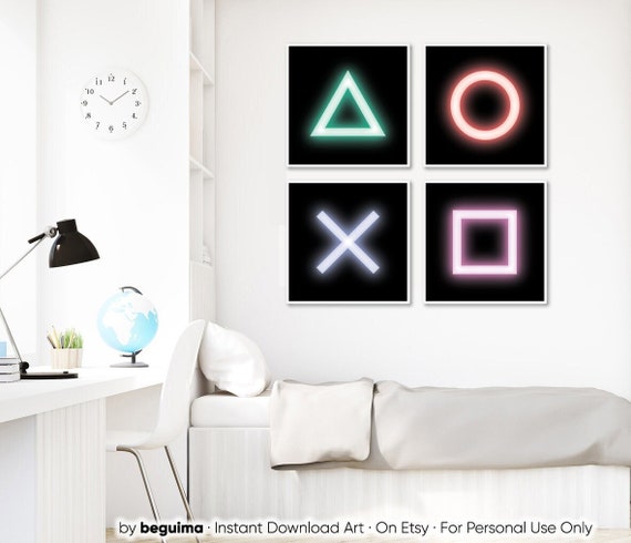 Gamer Posters,Video Game Print,Wall Art,Neon Lights Sign,Joystick,Buttons,Printable,Boy,Man Cave,Home Decor,Set Of 4 Prints,Digital Download