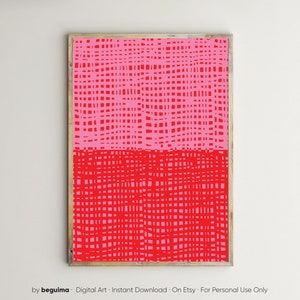Impresión artística abstracta de pared en rosa y rojo, vibrante, atrevida y divertida, póster colorido, imprimible, decoración moderna para sala de estar, obra de arte contemporánea, descarga digital
