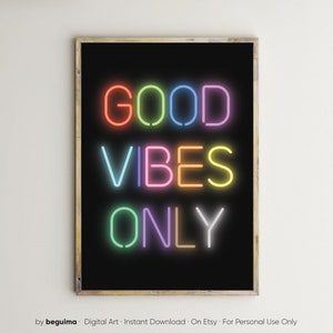 Solo buenas vibras, carteles con frases, impresiones positivas, arte mural imprimible, letrero de neón, oficina, decoración de pared, multicolor, tipografía, digital, descarga