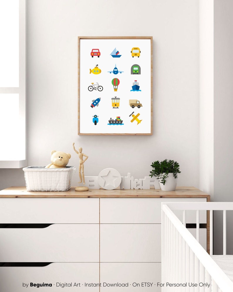 May include: A framed print featuring colorful illustrations of various vehicles, including a red car, yellow submarine, and blue scooter. The artwork is displayed on a white background with a wooden frame, perfect for a child's room.