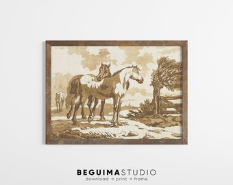 Horses Print,Sepia Wall Art,Animal Vintage Painting,Printable Antique Art,Farm Print,Horse Posters,Rustic Farmhouse Decor,Digital Download