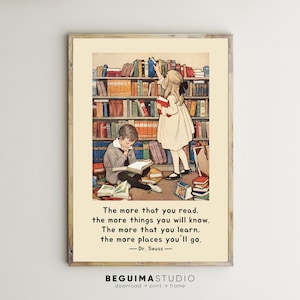 Peut inclure: Une illustration vintage de deux enfants dans une biblioth&egrave;que. La fille tend la main vers un livre sur une &eacute;tag&egrave;re haute, tandis que le gar&ccedil;on est assis sur le sol en train de lire un livre. La citation "Plus tu lis, plus tu connais. Plus tu apprends, plus tu vas. - Dr. Seuss" est imprim&eacute;e sous l'illustration.