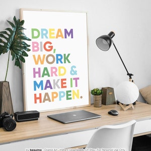 May include: A motivational quote poster with the text "DREAM BIG, WORK HARD & MAKE IT HAPPEN." in colorful letters on a white background.