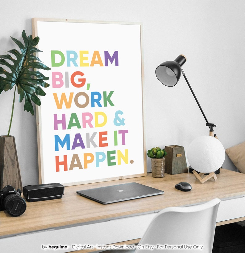 May include: A motivational quote poster with the text "DREAM BIG, WORK HARD & MAKE IT HAPPEN." in colorful letters on a white background.