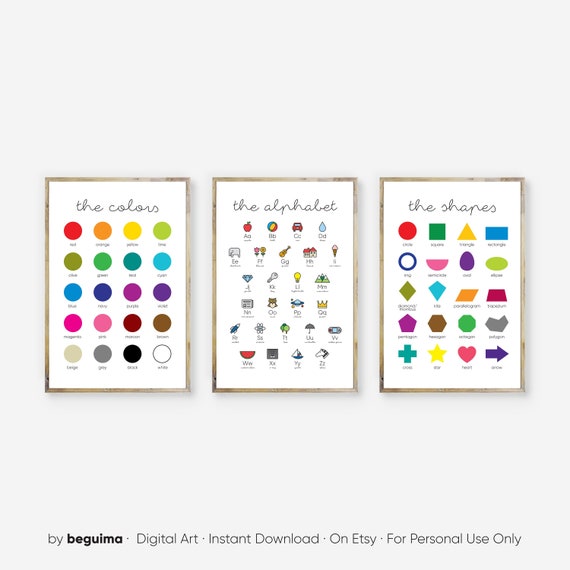 Classroom Decor,Teacher Wall Art,Kid Educational Signs,Set Of 3 Prints,Homeschool Posters,Toddlers,Alphabet, Colors,Shapes,Primary Education
