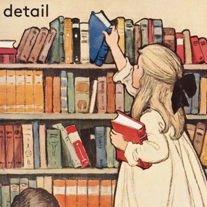 Peut inclure: Une jeune fille en robe blanche tend la main vers un livre bleu sur une &eacute;tag&egrave;re remplie de livres. L'&eacute;tag&egrave;re a plusieurs niveaux avec une vari&eacute;t&eacute; de livres de diff&eacute;rentes couleurs et tailles.