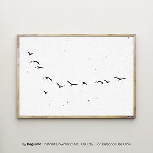 Bandada de pájaros volando, impresión de gaviotas, arte mural imprimible, horizontal, póster, blanco y negro, imagen, minimalista, foto, decoración de pared, descarga digital