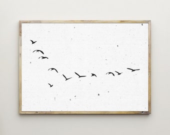 Flock of Birds Flying,Seagulls Print,Printable Wall Art,Horizontal,Poster,Black & White,Picture,Minimalist,Photo,Wall Decor,Digital Download