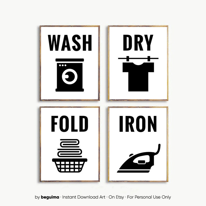 Wäsche-Zeichen Wäsche Poster Set von 4 Drucke Waschraum | Etsy