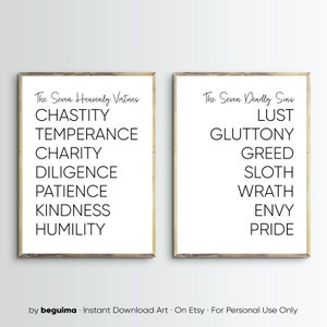 Seven Heavenly Virtues,Seven Deadly Sins,Bible Verse Print,Inspiring Quotes,Printable Christian Wall Art,Poster,Home Decor,Digital Download