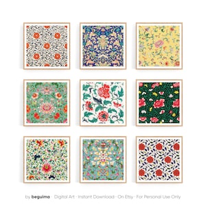 May include: Nine framed floral art prints with various patterns. The prints feature flowers and foliage in colors like red, blue, green, and yellow. The frames are a light brown color. The bottom of the image has the text "by beguima - Digital Art - Instant Download - On Etsy - For Personal Use Only."